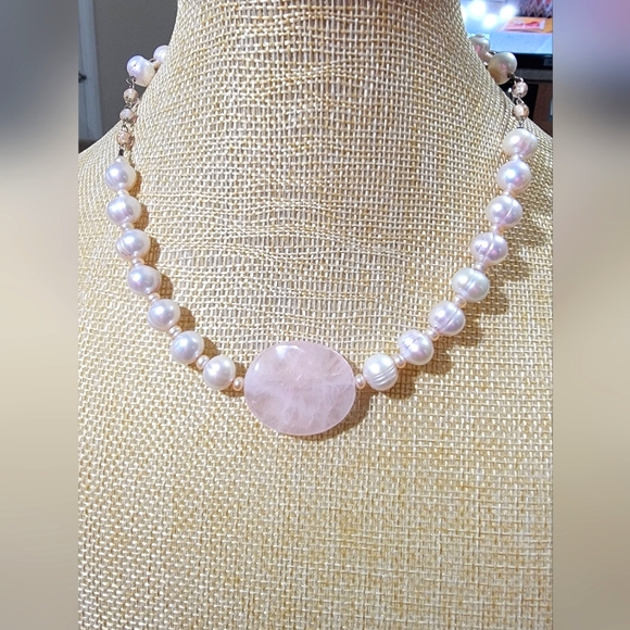 Keren Creations One Of A Kind Rose Quartz Glass Baroque Pearl Choker Necklace - Picture 1 of 9